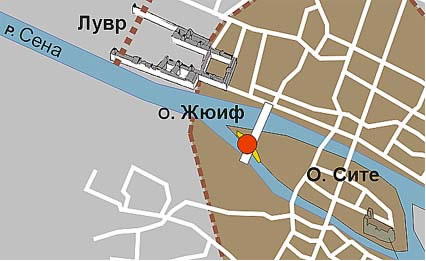 Вот план Парижа, на котором указано место, где был сожжен великий магистр
